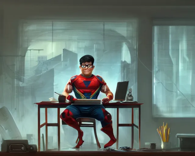 Image similar to an insanely detailed painting of a nerdy asian man wearing a superhero costume, sitting at a desk, staring at the nervously at the computer and typing, in the style of peter mohrbacher, dramatic lighting and composition, octane render, pixar, trending on artstation, concept art, comic book, view from behind