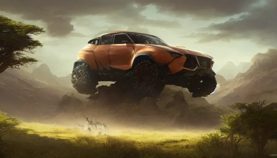 Image similar to a concept suv designed by dolorean driving through african savanna, artgerm and greg rutkowski and alphonse mucha, an epic fantasy, volumetric light, detailed, establishing shot, an epic fantasy, trending on art station, octane render, midsommar