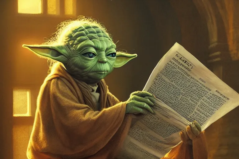 Image similar to a beautiful ultradetailed photo of yoda reading a newspaper in a monastery, by tom bagshaw and anna dittman, backlight, 3 5 mm lens, closeup shot, bokeh, golden ratio composition, sunset golden hour hues, very detailed, artstation, 8 k, highly coherent