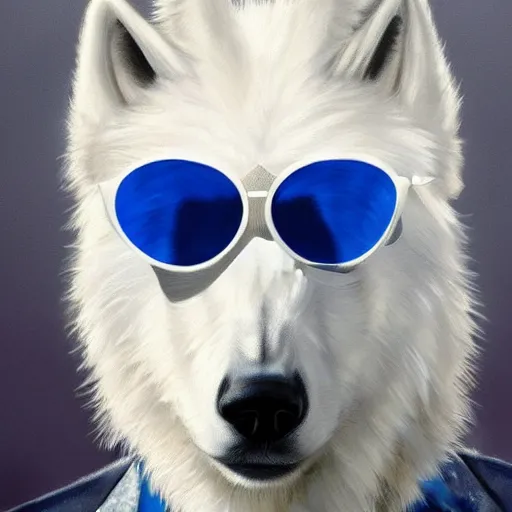 Prompt: A White Wolf with a blue mohawk hairstyle wearing a tuxedo and sunglasses, oil painting, award winning masterpiece, artstation, cgsociety