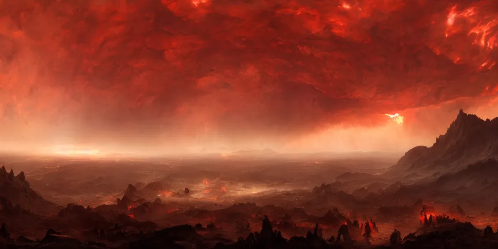 Image similar to fifth circle of hell, dante's inferno, landscape, cinematic, dramatic, very detailed, far horizon, volumetric, by eugene delacroix, artstation, jessica rossier, dante gabriel rossetti, octane render, vivid, angry red sky, demons on the ground and flying in the sky, 8 k