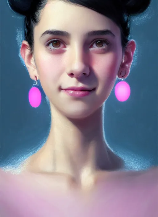 Image similar to portrait of teenage girl, narrow face, black hair, bangs, half updo hairstyle, skinny, smile, unattractive, defined jawline, big chin, wearing pink hair bow, earrings, intricate, elegant, glowing lights, highly detailed, digital painting, artstation, sharp focus, illustration, art by wlop, mars ravelo and greg rutkowski