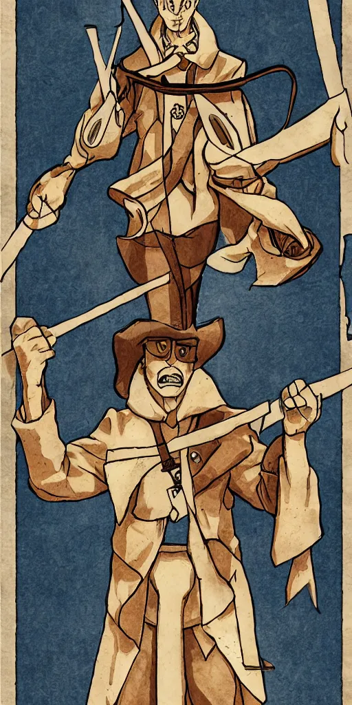 Image similar to the judge from Ace Attorney with a beam scale in one hand. Tarot card Justice, impressive art, detailed, single subject, high quality