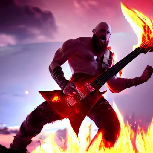 Image similar to screaming kratos shredding on a flaming stratocaster guitar, cinematic render, god of war 2 0 1 8, santa monica studio official media, lightning, viking armor, head turned