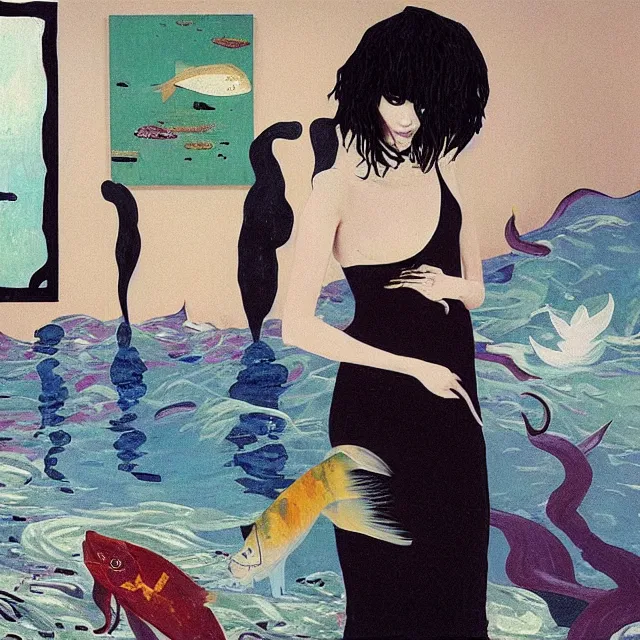 Image similar to tall emo female artist holding a large fish in her flooded apartment, seaweed, pomegranates, octopus, water gushing from ceiling, painting of flood inside an artist's apartment, a river flooding indoors, ikebana, zen, rapids, waterfall, black swans, canoe, berries, acrylic on canvas, surrealist, by magritte and monet
