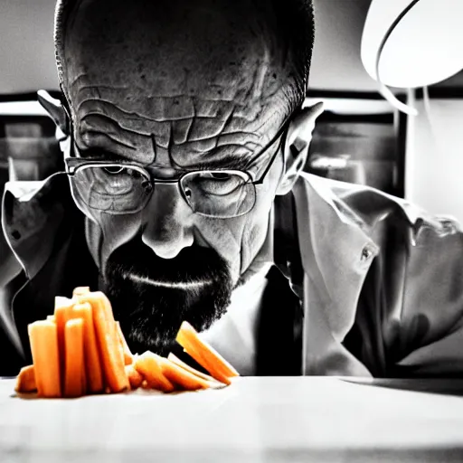 Prompt: walter white eating carrots, close up, professional photography, film still, dramatic lighting, melancholy