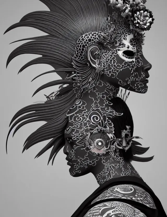 Image similar to 3 d goddess close - up profile portrait punk with mohawk with ram skull. beautiful intricately detailed japanese crow kitsune mask and clasical japanese kimono. betta fish, jellyfish phoenix, bio luminescent, plasma, ice, water, wind, creature, artwork by tooth wu and wlop and beeple and greg rutkowski