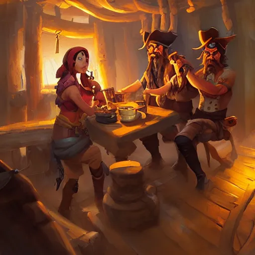 Image similar to Pirates in a tavern, cgsociety, fantasy art, 2d game art, concept art , ambient occlusion, bokeh, behance hd , concept art by Jesper Ejsing, by RHADS, Makoto Shinkai ,Cyril Rolando, face of characters by artgem