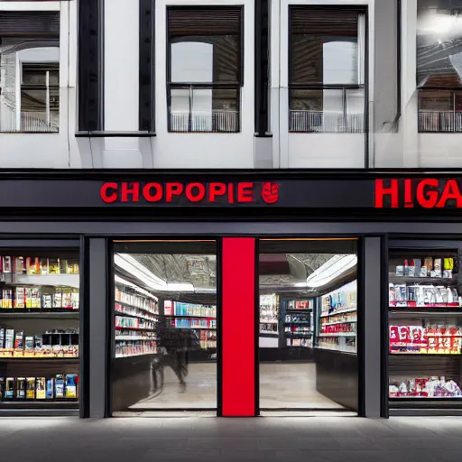 Prompt: Award winning shopfront design, convenience store, anthracite with red accents, metal, paint, textures, highly detailed, bright signage, vinyl on glazing, zaha hadid
