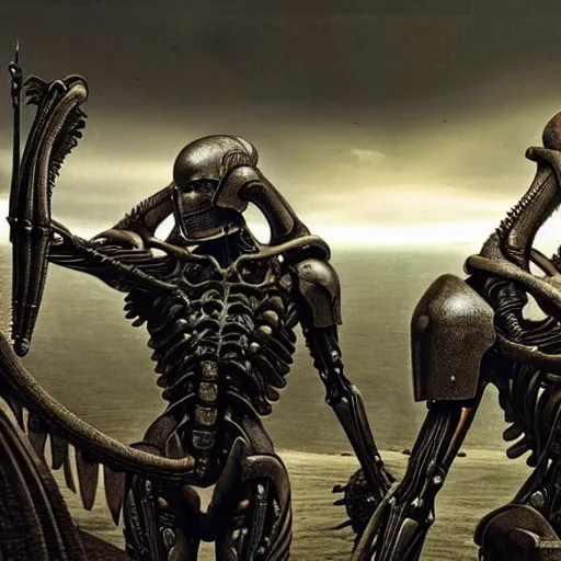 Prompt: still frame from Prometheus movie by giger, necron lord editorial by Malczewski, biomechanical armoured knight by Wayne Barlowe