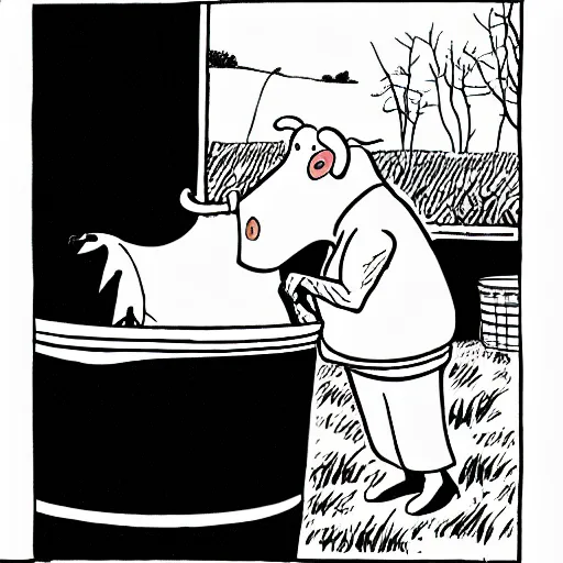 Image similar to a cow points at a bucket, illustrated by gary larson, far side comic, b & w