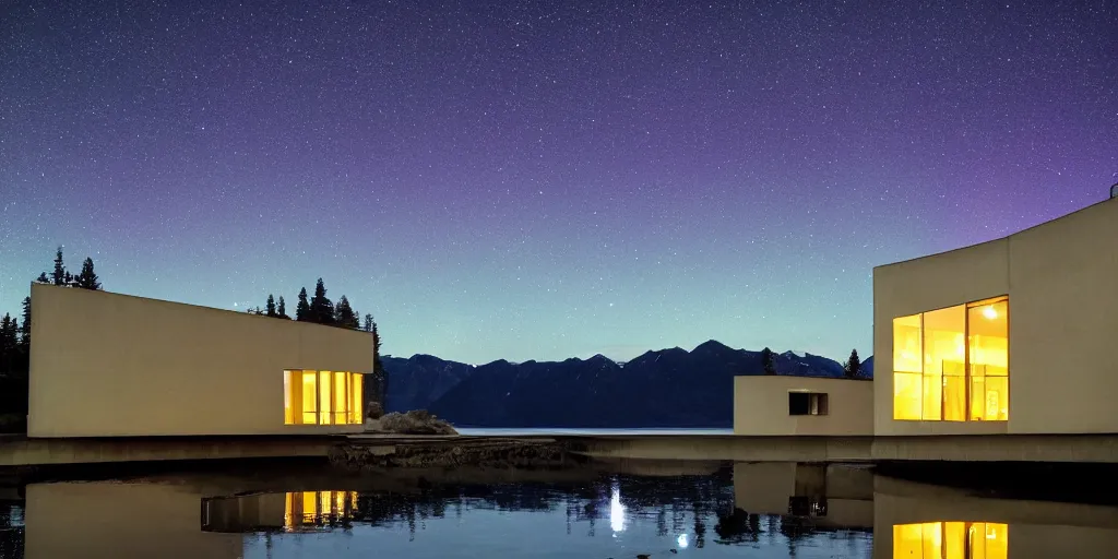 Prompt: Le Corbusier architecture next to Alaskan Lake, night time stars, northern lights, reflections, award winning photography