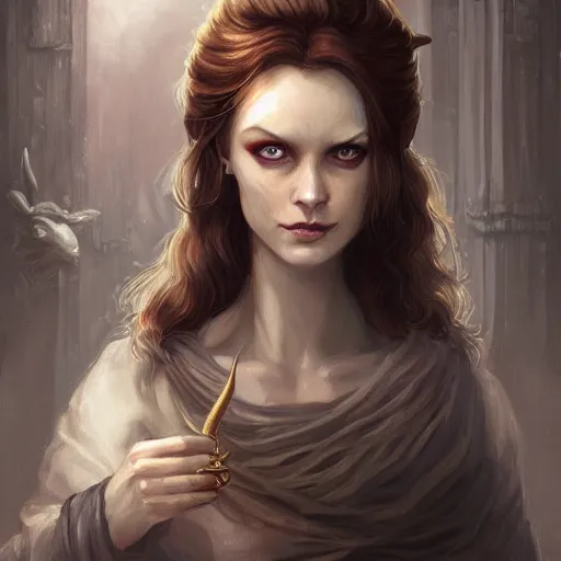 Image similar to a detailed matte head - on portrait painting of an middle - aged half - tiefling noblewoman with golden eyes and short well kept hair, by charlie bowater, lise deharme, wlop, tending on arstation, dungeons and dragon, dnd, pathfinder, fanart, oil on canvas