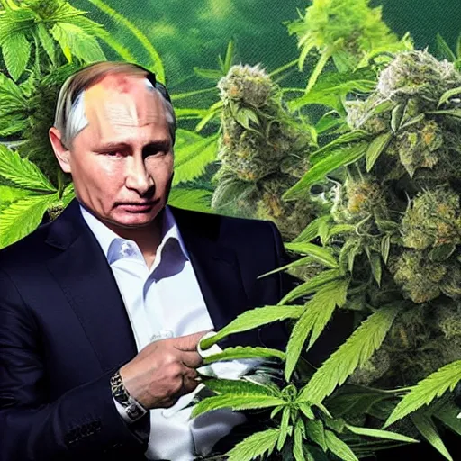 Prompt: Vladimir Putin holding a giant marijuana plant, detailed face, realistic face, photorealistic, highly detailed, cinematic