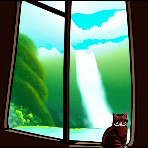 Image similar to a beautiful landscape including a waterfall and a forest through a window, cat sitting on the edge of the window, illustration, digital art, trending on artstation