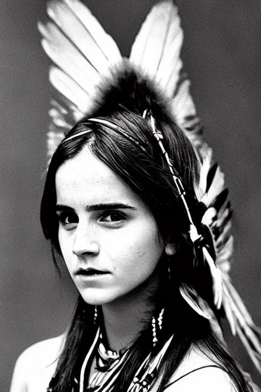 Image similar to “Photo of Native American indian woman Emma Watson, portrait, skilled warrior of the Apache, ancient, realistic, detailed, emma watson”