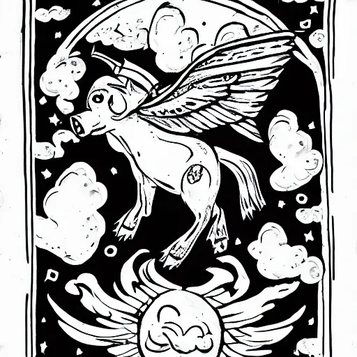 Image similar to black and white ink drawing of a flying pig with wings wearing a gold crown in the sky 8k