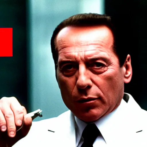 Prompt: Silvio Berlusconi in Pulp Fiction opening a red square featureless metallic box