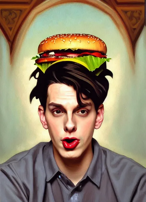 Image similar to oil painting, jughead jones wears a light grey crown, and devours a hamburger, intricate, elegant, highly detailed, lighting, painting, artstation, smooth, illustration, art by greg rutowski and alphonse mucha