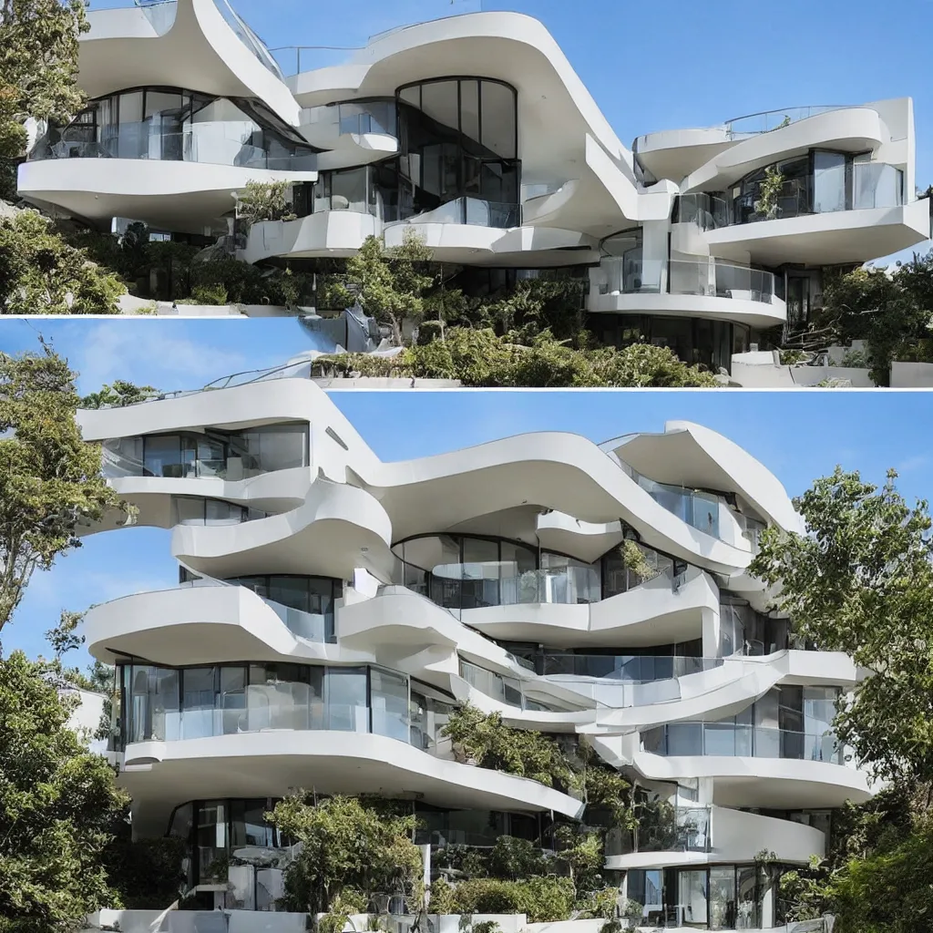 Image similar to “ a two story modern house with curve tectonic balconies designed by famous architects online lab of architecture, house sold for 4 million dollars ”