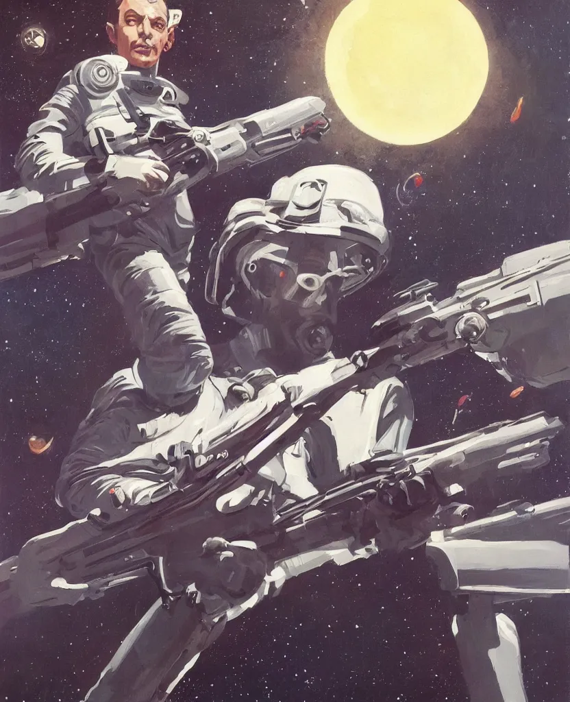 Prompt: a painting of a man in a space suit holding a gun, concept art by dean ellis, behance contest winner, retrofuturism, sci - fi, toonami, future tech