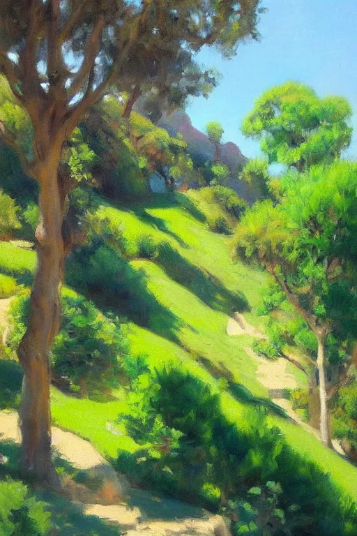 Prompt: San Francisco's green hills during the summertime, very detailed, focused, oil painting, colorful, canvas, artstation, Antoine Pierre Mongin