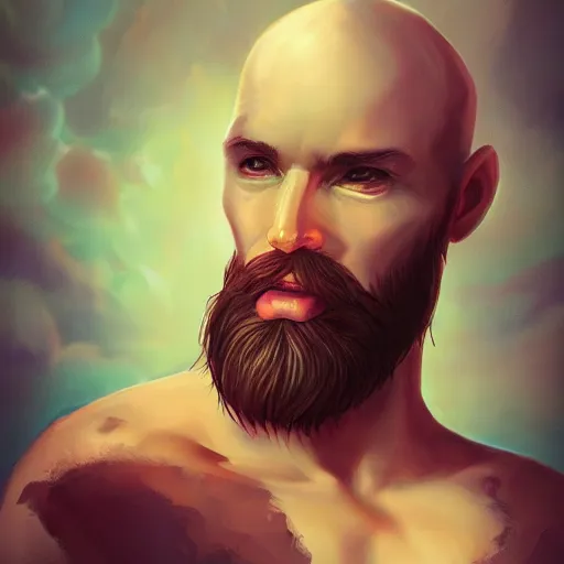 Image similar to balded man, beard, paradise, hell, candies, serene, divine, magical, artstation