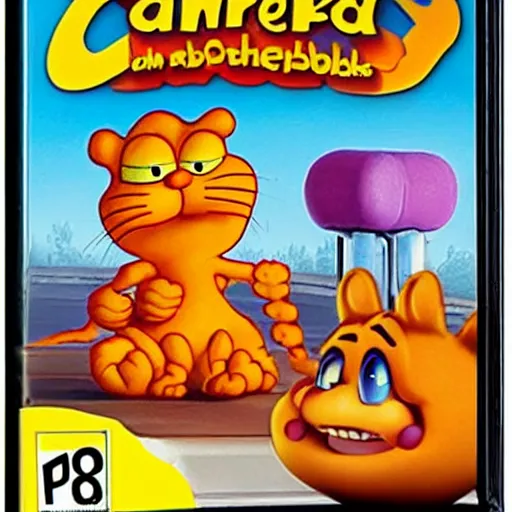 Prompt: Garfield's photo on the videogame box art for phasmophobia