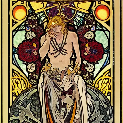 Image similar to tarot card the foolfull body portrait by william morris and alphonse mucha and stephen bliss, trending pixiv fanbox, gold inlay, skulls and roses, shiny, glow, raytracing dynamic light sources