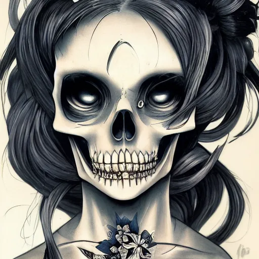 Image similar to anime portrait of a girl skull face detailed highres 4k by Trevor Brown and James Jean pop art nouveau