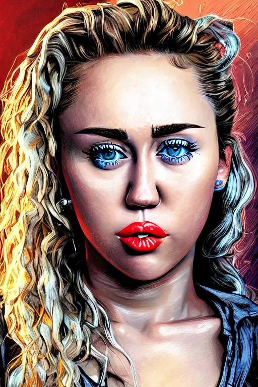 Prompt: closeup portrait of sexy miley cyrus with long hair, drawn by robbie trevino, rembrandt and dan mumford, poster, digital art, comic art, concept art,, single head, no double head,