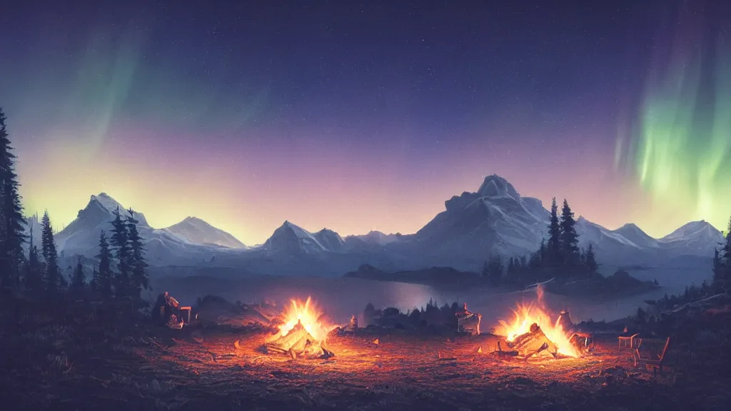 Prompt: beautiful render of a summer landscape, unreal engine, night, majestic mountains, dramatic aurora borealis, stars, campfire, soft light, by greg rutkowski, cgsociety