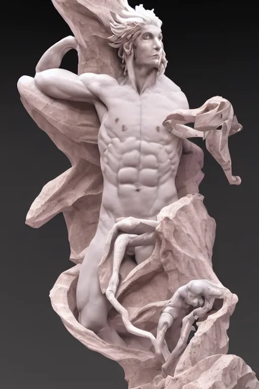 Prompt: epic and dramatic view of incubus statue made in carrara pinkish marble showing cracks in his full body, realistic and ultra detailed, 8 k