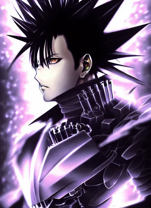 Image similar to a detailed manga full body portrait illustration of a dark spiky haired cyborg anime man surrounded by dark steam by hirohiko araki, detailed artwork, realism, 4 k resolution, detailed, high quality, sharp focus, hq artwork, insane detail, volumetric lighting, character concept art, fine details, clear subject, central subject