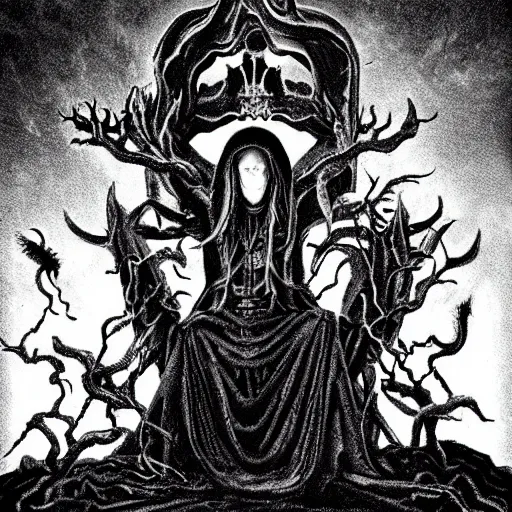 Prompt: death metal god sitting on a throne of bones, black hole halo, demon ghosts around, lava mist, surreal, haunted, in the photographic style of margaret bourke white