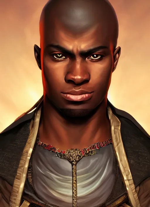 Image similar to An epic fantasy comic book style portrait painting of a young dark skinned thief with broad shoulders and a bald head in a vest in the style of the wheel of time in the style of the wheel of time, unreal 5, DAZ, hyperrealistic, octane render, cosplay, RPG portrait, dynamic lighting