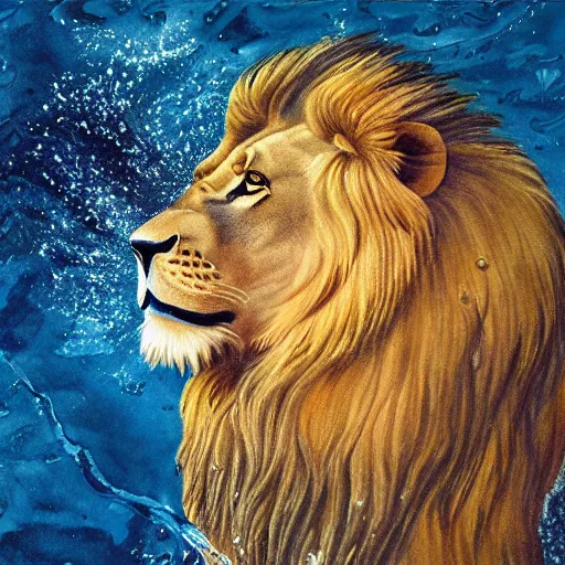 Image similar to a male lion's face breaching through a wall of water, water sprites, splashing, deep blue water color, highly detailed