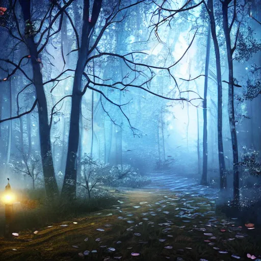 Prompt: blue snappy gifts in magical forest, gifts, dark atmosphere, high detail, soft lighting, 8 k