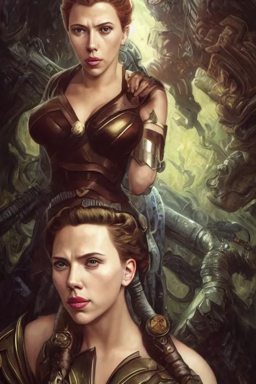 Image similar to A fantasy comic book style Oil Painting portrait of Scarlett Johansson and Gal Gadot, as Atlantean Reptilian hybrid Warriors, Mystical Valkyrie, unreal 5, DAZ, hyperrealistic, octane render, Regal, Refined, Detailed Digital Art, RPG portrait, François Boucher, Michael Cheval, William-Adolphe Bouguereau, Steampunk, Walt Disney (1937), Josephine wall, dynamic lighting, Highly Detailed, Cinematic Lighting, Unreal Engine, 8k, HD