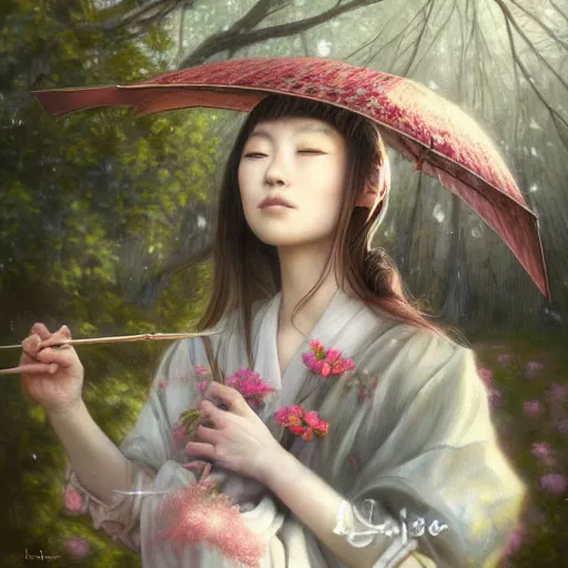 Prompt: detailed portrait of japanese girl in a spring, spring light, painting by lise deharme