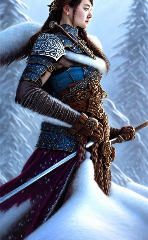 Image similar to azure viking warrior, regal, elegant, winter, snow, beautiful, stunning, hd, illustration, epic, d & d, fantasy, intricate, elegant, highly detailed, wide angle, digital painting, artstation, concept art, smooth, sharp focus, illustration, wallpaper, art by artgerm and greg rutkowski and alphonse mucha and jin xiaodi