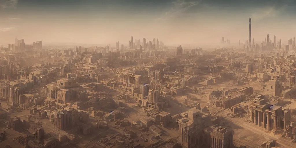 Prompt: ancient urban city super wide aerial view, building, desert, temple, cinematic composition, mist, obscure render light dark, blade runner 2 0 4 9