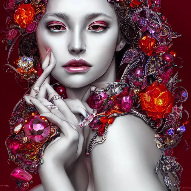 Prompt: an absurdly beautiful, elegant, young hypercolorful sensual woman made of rubies and red gems, ultrafine hyperrealistic detailed face illustration by kim jung gi, irakli nadar, intricate linework, sharp focus, bright colors, matte, octopath traveler, final fantasy, unreal engine highly rendered, global illumination, radiant light, intricate environment