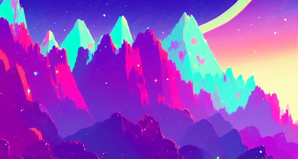 Image similar to galactic mountains surrounded with spiriling sparkling rainbow crystals and galaxies, hyper light drifter color pallet, trending on artstation