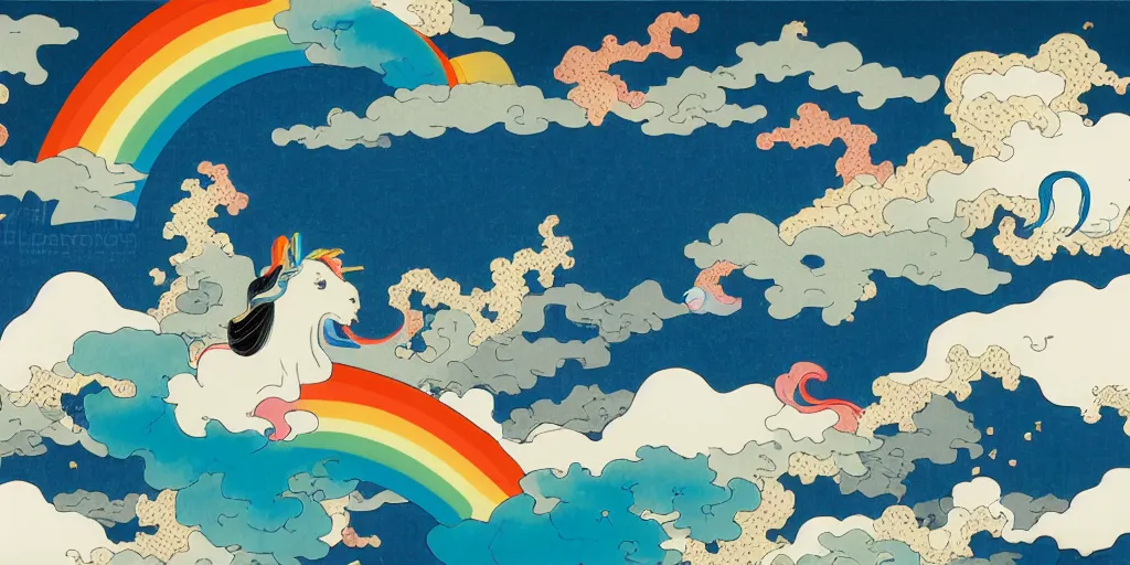 Image similar to rainbows, unicorns, and clouds isolated in the sky by Frank Miller and Hokusai, 8k, vector