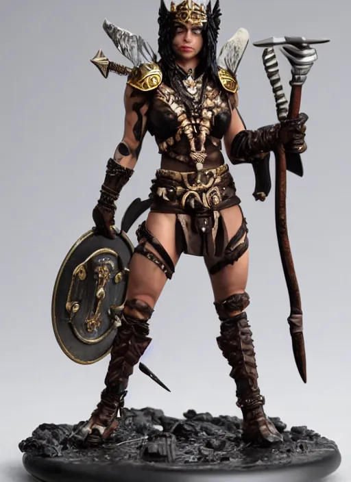 Image similar to 80mm resin detailed miniature of Queen of barbarian, clothed in armor, circlet, very muscular, brown skin, black hair, beautiful bone structure, symmetrical facial features, Product Introduction Photos, 4K, Full body