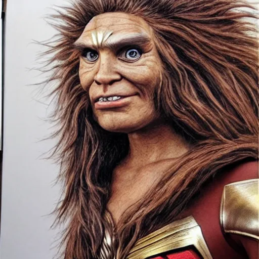 Image similar to hyper realistic portrait of chewbacca caricature as wonder woman