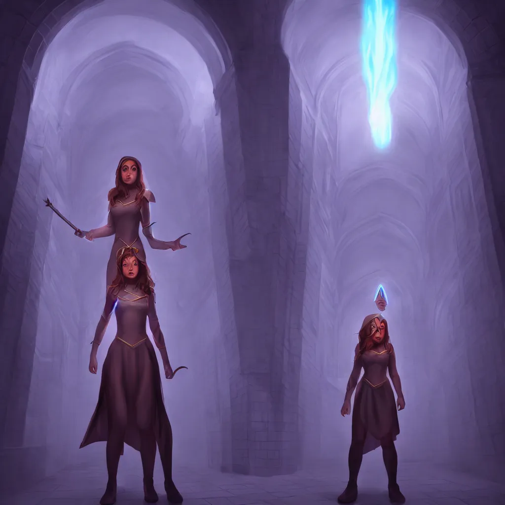 Image similar to wizard girl, standing in crypts casting a spell, 3 point perspective, volumetric lighting, in the style of Artgerm