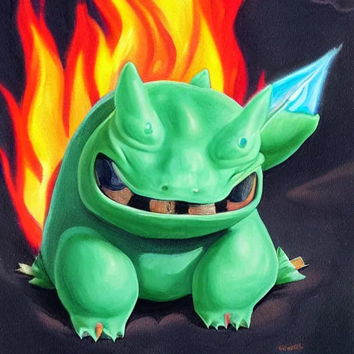 Image similar to a bulbasaur with fire powers, painting, realistic,lava background