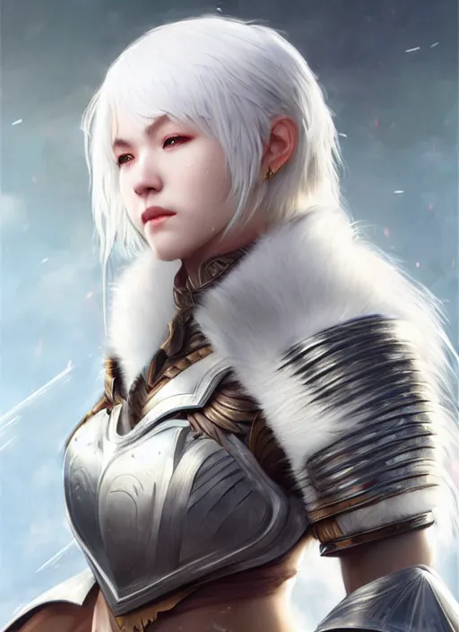 Prompt: warrior, fur - lined armor!!! beautiful and elegant white hair female!! gorgeous ayes!! character concept art, sharp focus, octane render! unreal engine 5! highly rendered!! trending on artstation!! detailed linework!! illustration by artgerm, wlop, and chie yoshii